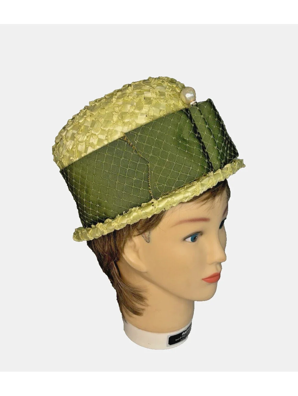 Vintage 1960's La Charme Women's Green Woven Pillbox Hat Ribbon Hat Pin 21